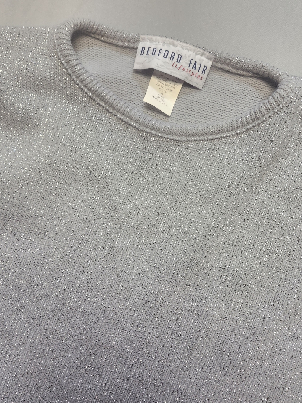 Vintage Bedford Fair Sweater Medium Gray Silver Acrylic Blend Made USA VTG 1990s
